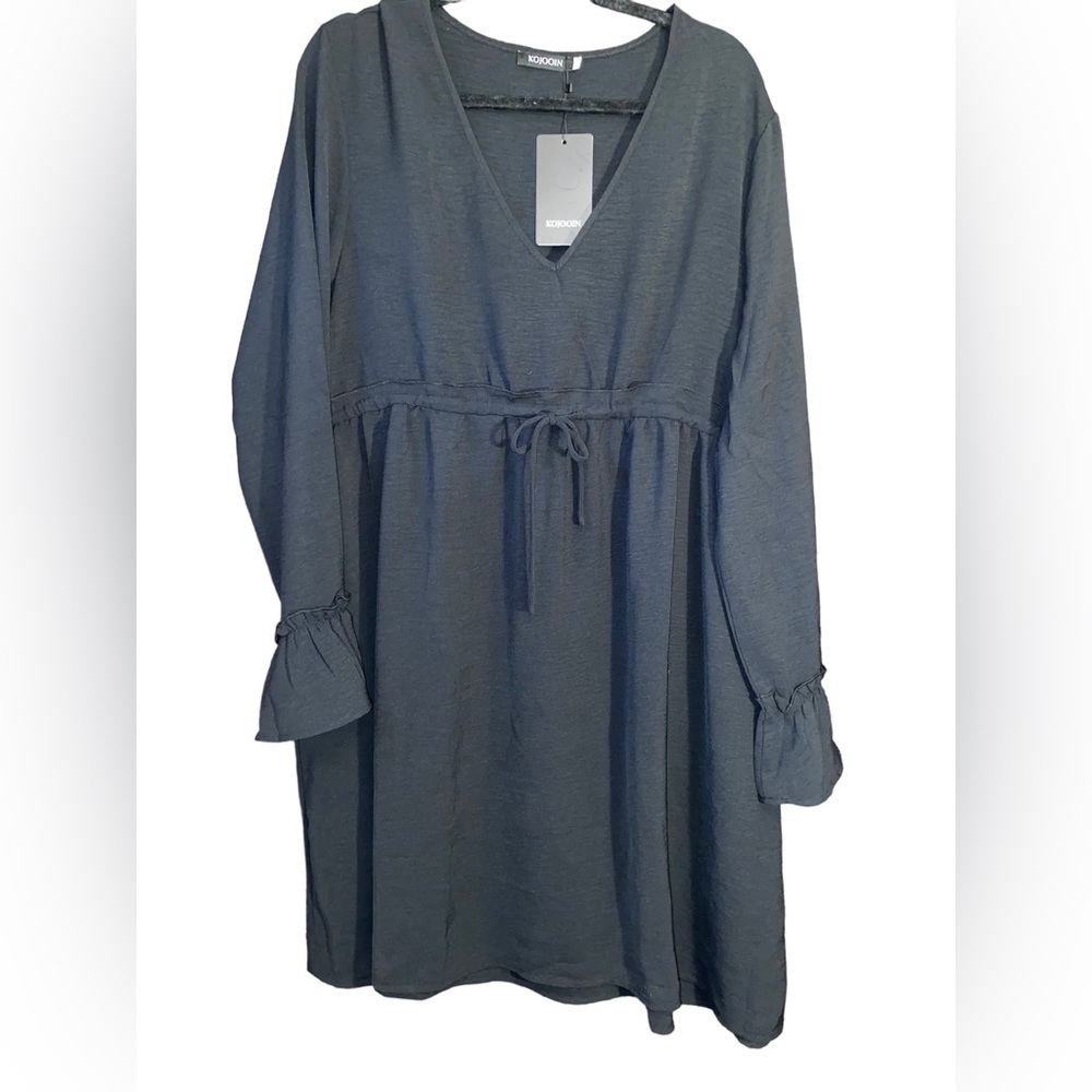 Womens V Neck Long Sleeve Dress Ruffle Tie Waist Drawstring Flowy Mini Dress 2X